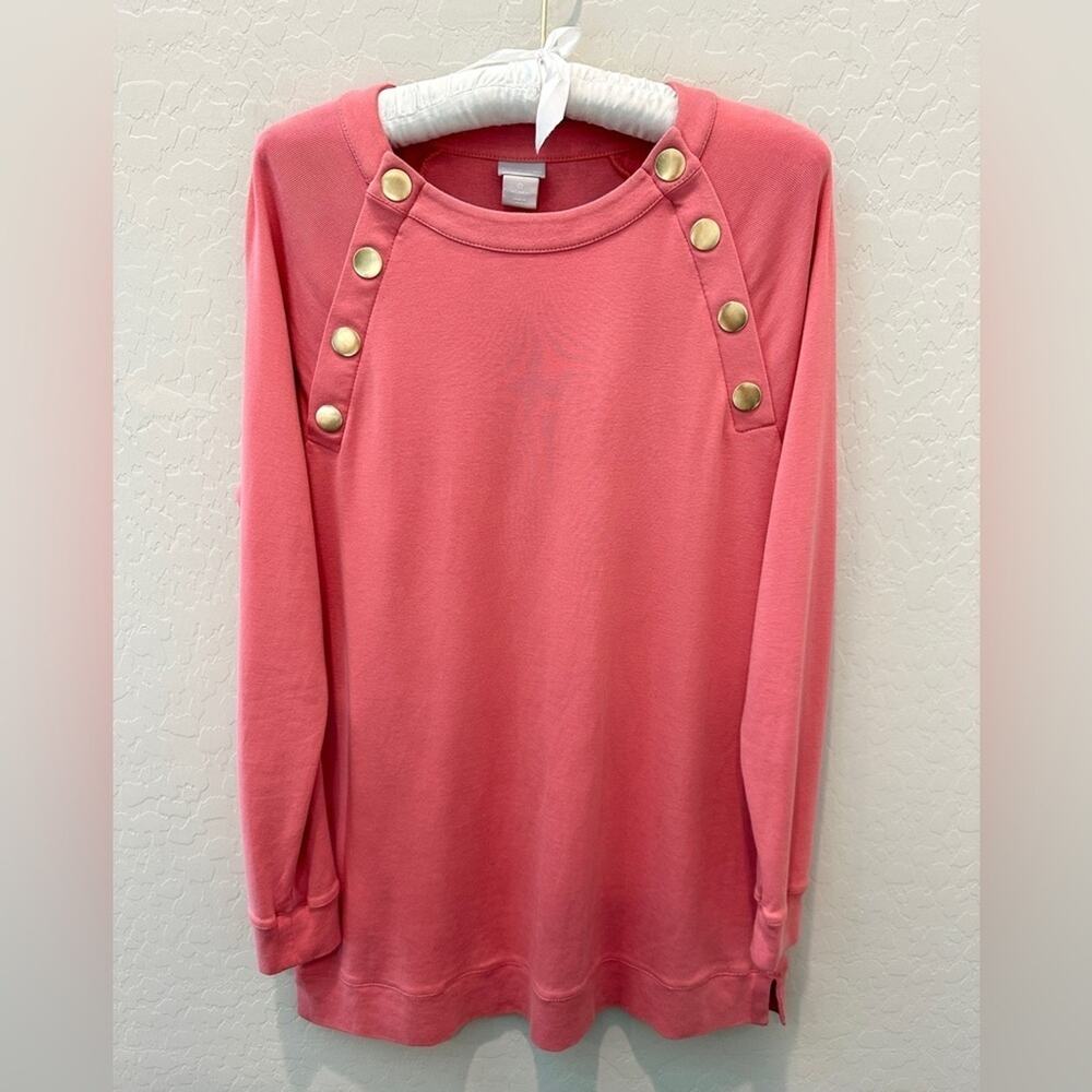 CHICO’S | Pink Pima Cotton Button Shoulder Long Sleeve Top | Size 0 Small